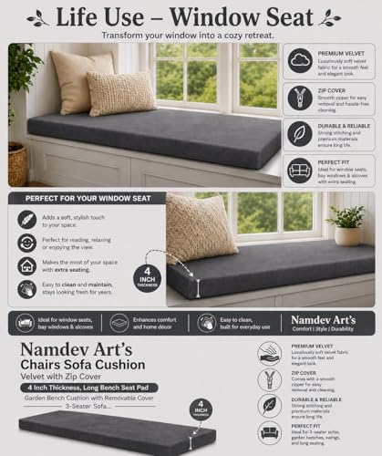 Image of Namdev Art's Chairs Sofa Cushion Pu Foam with Zip Cover 4 Inch Thickness, 3-Seater Sofa Foam Seat for Home (Grey, 60x18)