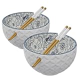 American Atelier Ramen Bowl with Chopsticks | Set of 2 | Soup Bowls for Kitchen | Udon Noodle Bowls with Chopsticks | Stoneware Soup Bowl | 6' Diameter (21 Oz) - Blue Floral Print