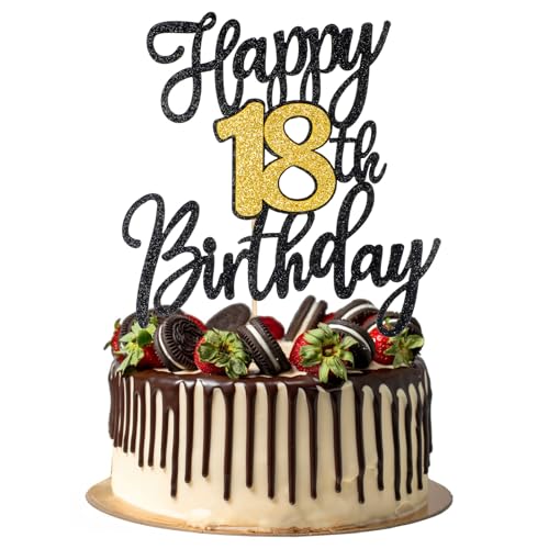 18th Happy birthday Cake Topper 18th Birthday Decorations Black Gold Glitter Happy Birthdays Decorations Cheers to 18 Years Birthdays Cakes Topper Cake Gift Plugin Anniversary Party Cakes Supplies