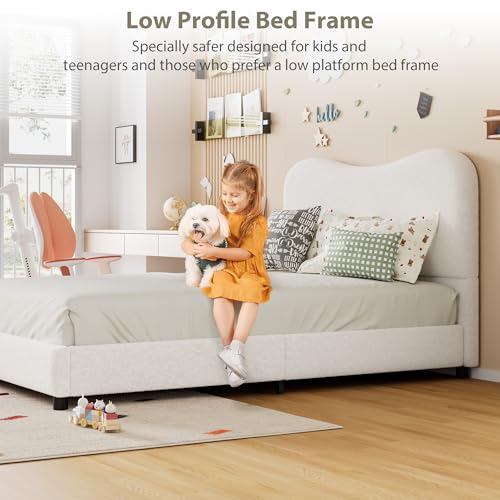 GarveeHome Full Size Bed Frame for Kids with Velvet Upholstered Headboard, Cute Low Profile Platform Bed for Girls and Boys, No Box Spring Needed, Strong Wooden Slats, Noise Free, Easy Assembly, White