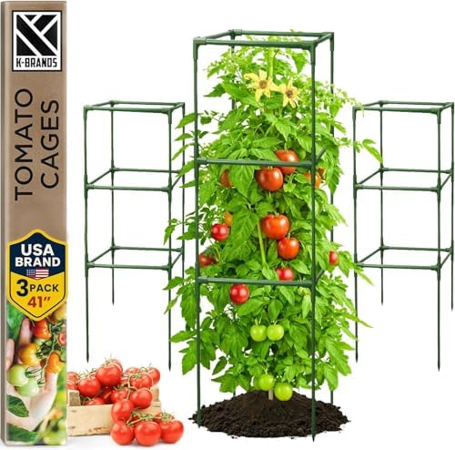 Tomato Cage Square - Large Trellis Stakes and Plant Support Structures for Vegetables and Climbing Plants - Tall Tomato Cages for Garden, Pots, Raised Garden Bed Outdoor Supplies (3 Pack - Up to 41")
