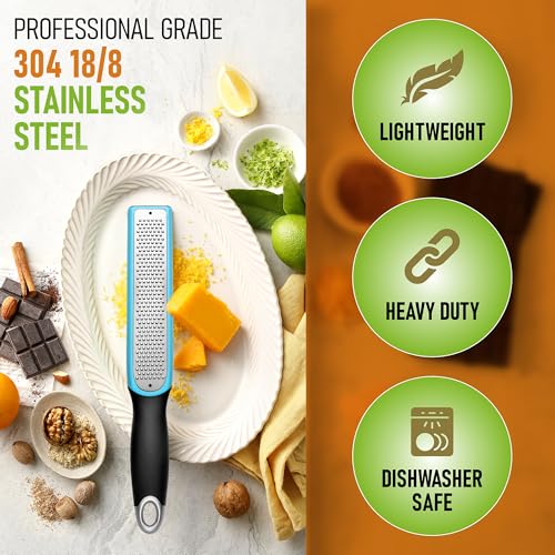 Image of Spring Chef Premium Lemon Zester Grater with Handle - Fruits, Garlic, Chocolate, Ginger Grater - Heavy Duty Kitchen Tool - Stainless Steel Citrus Zester with Blade Cover - Fine Shred - Aqua Sky
