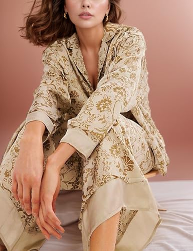Image of Arssm Satin Pajama Set for Women Silk Pajamas Set 2 Piece Floral Pj Set Long Sleeve Button Down Pjs Sleepwear