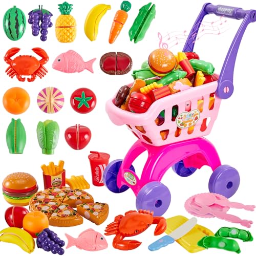 BUYGER Carro de La Compra con Alimentos Juguete, Comida Juguetes Verduras y Frutas para Cortar Infantil, Juguete Supermercado Regalo Educativo para Niños Niñas 3 4 5 6 Años