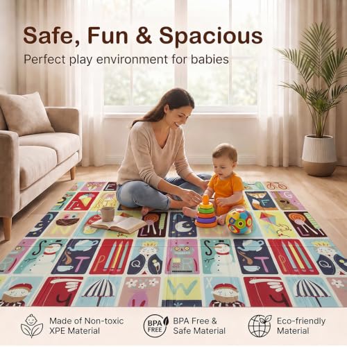 Image of StarAndDaisy Foldable Baby Play Mat 5 x 6 Ft, 6MM Thick XPE Foam Playmat, Reversible 2-in-1 Design with Protection Wall, Lightweight Cushioned Floor Mat with 6 Balls for Crawling, Playing & Learning