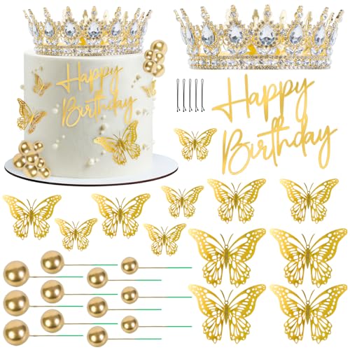 Ucatcher Crown Cake Topper Gold Happy Birthday Cake Toppers Crown Balls Butterflies Corona para Pastel Cake Decorations for Women Princess Queen Wedding Party Decorations