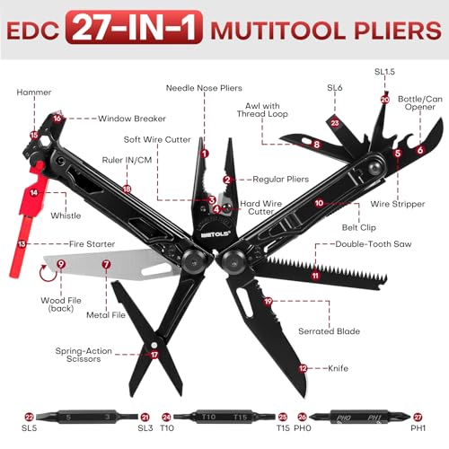 WETOLS Multitool with Pocket Knife, 27-in-1 Stainless Steel Needle Nose Pliers with Screwdrivers, Self-locking Multi tool EDC Gear with Sheath, Ideal for Survival, Outdoor, Camping