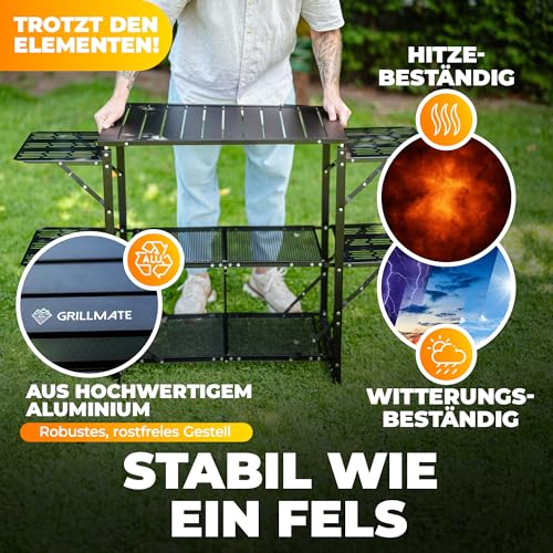 GRILLMATE Grilltisch Outdoor Wetterfest Klappbar | Grill Beistelltisch, Tisch für Grill, Balkon, Camping, Garten | Campingküche faltbar aus Aluminium Rostresistent [50kg Belastbar] inkl. Tragetasche