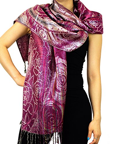 NYFASHION101 Metallic Thread Rose & Multicolor Stripes Pashmina Scarf Shawl Wrap