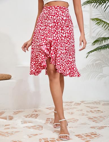 Women 2025 Summer Spring Boho Midi Skirts Dress Floral Print Elastic Waist Split Ruffle High Low Beach Maxi Skirt3