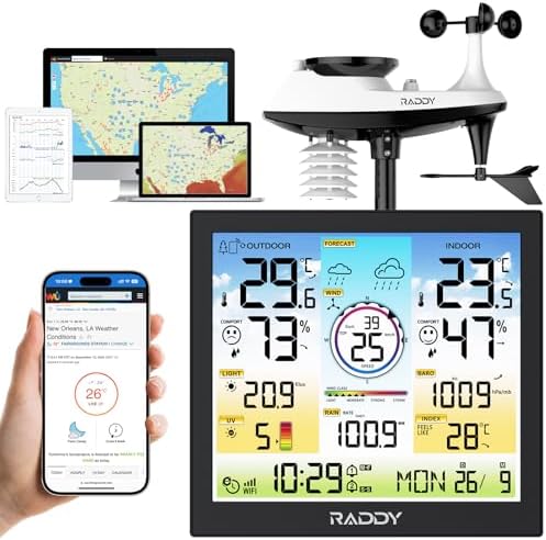 Raddy WF-120C Professional Wi-Fi Weather Station Wireless, Indoor Outdoor Temperature & Humidity Monitor with 10" Digital Color Display, Rain Gauge, Wind Speed, Weather Forecast, UV & Light Index