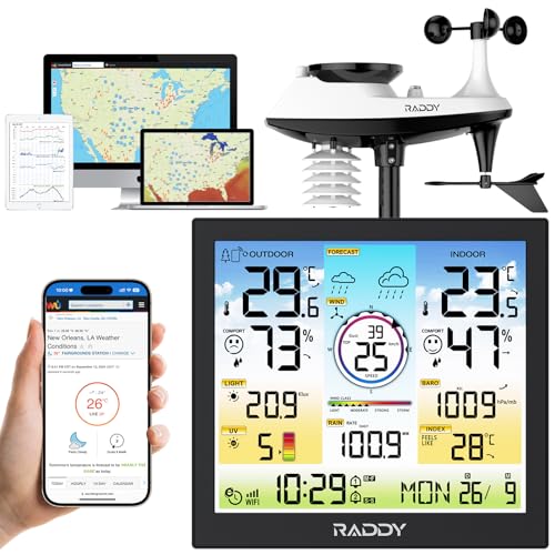 Raddy WF-120C Professional Wi-Fi Weather Station Wireless, Indoor Outdoor Temperature & Humidity Monitor with 10" Digital Color Display, Rain Gauge, Wind Speed, Weather Forecast, UV & Light Index by Raddy - Used condition - US$62.07