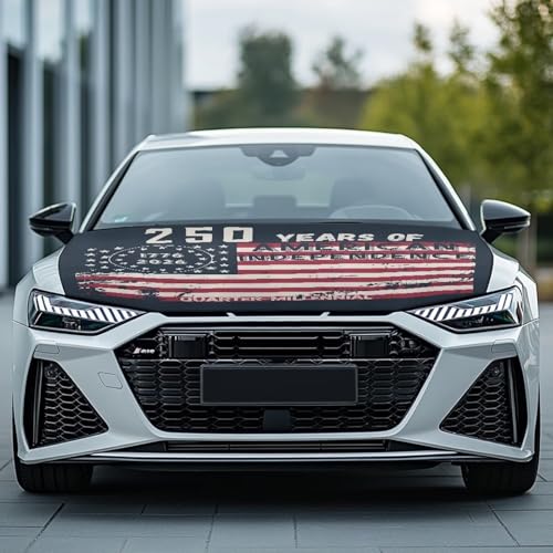 Image of 250 Years American Flag Print Car Hood Cover, Stretchable Breathable Automotive Hood Covers Protective Elastic Fabrics Car Hood Decoration and Protection Fit Truck Sedan SUV