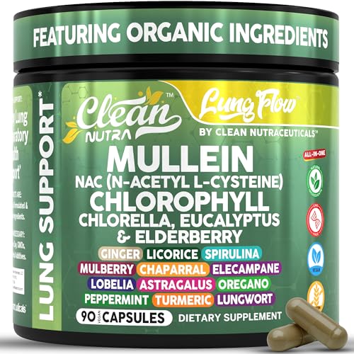 Clean Nutra Mullein Leaf Extract for Lungs Cleanse NAC Supplement Chlorophyll Chlorella Elderberry | Lung Detox for Smokers | Ginger Licorice Astragalus Oregano Turmeric Respiratory Support Capsules