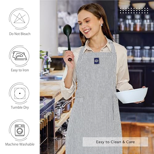 Image of Encasa XO Cotton Cooking kitchen Apron for Women and Men chef apron With adjustable neckstrap, Pocket & Towel Holder for Easy cooking, Baking, BBQ, Gardening- Ticking Navy Blue, 68x85 cm