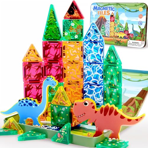 Milarji Travel Magnetic Tiles for Toddler Boys Kid 36PC Mini Dinosaur Sets Airplane Restaurant Road Trip Activities Car Toys for Age 3 4 5 6 7 8 Year STEM Magnet Blocks Easter Basket Stuffers Gifts