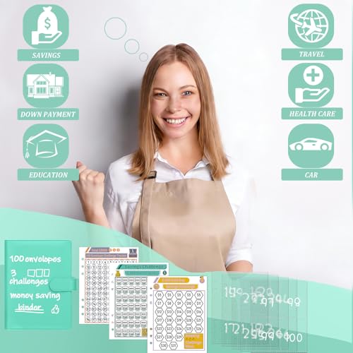 Image of 100 Envelopes Money Saving Challenge Binder, Savings Challenges Book with Envelopes & Challenge Trackers to Save $5,050 and $500 and $10,000, A5 Budget Binder Money Saving Book, Light Green