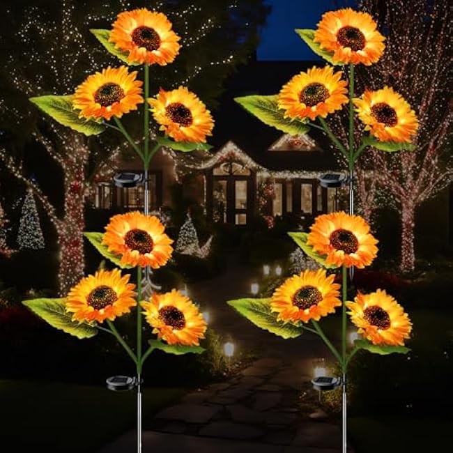 4-Pack Solar Powered Sunflower Garden Lights, LED Outdoor Decor Solar Light Flowers for Yard Patio Ground Lawn Landscape, Decorative Artificial Flower Bright Night Outside