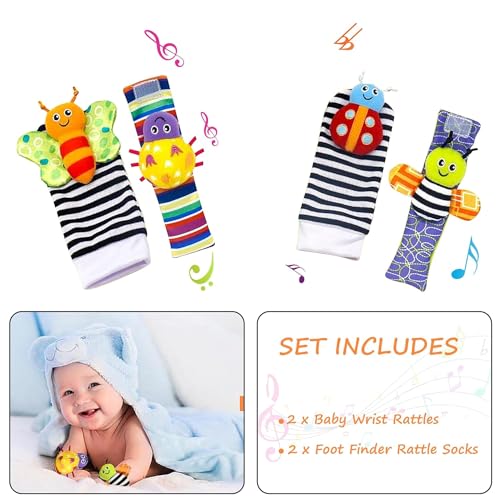 Image of BeFunky Butterfly Wrist Rattles and Foot Finder Sock Toy for Toddlers, Baby Essentials and Gifts for 0-3, 3-6, 6-12 Months (Pack of 4)