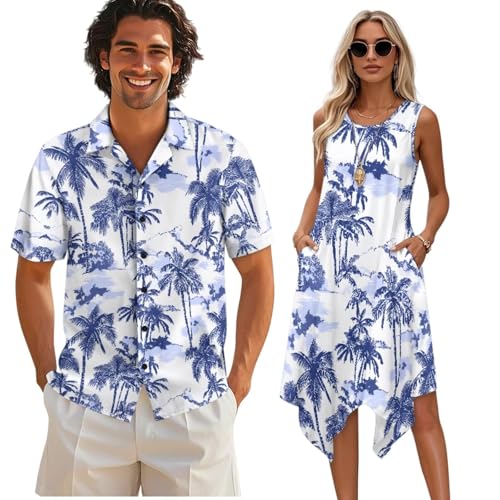 Twousenru Blue Palm Couples Matching Outfit Button DownMens Short Sleeve