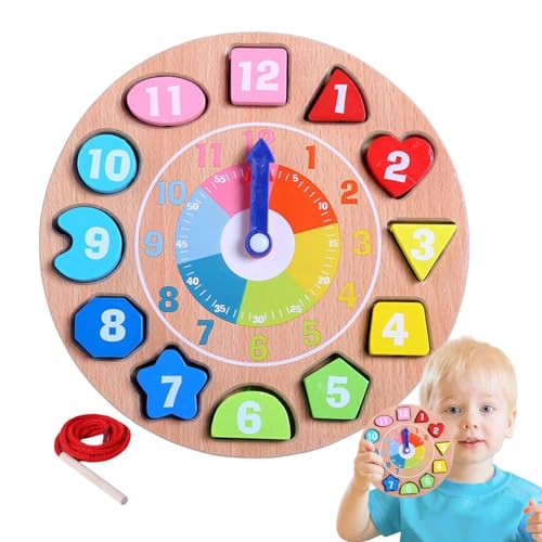 BinZyronic 子供用木製時計おもちゃ ? 時間学習と色・形認識の教育玩具、安全素材で安心