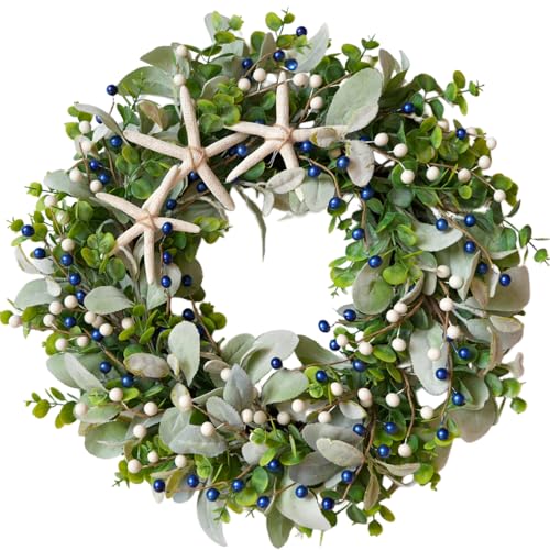 vivimemo 22-inch Green Front Door Wreath Coastal Artificial Starfish & Berries Wreath for Wall Mantel Entryway Greenery Decor Nautical Beach Style