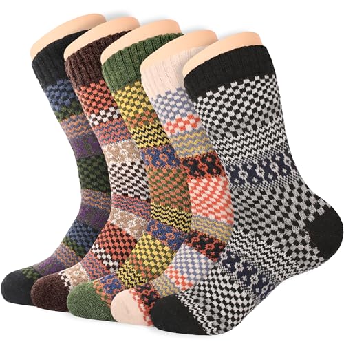 Image of LOCONHA Womens Wool Socks 5 Pairs Winter Warm Sock Thick Knit Cabin Cozy Crew Soft Socks Gifts for Women