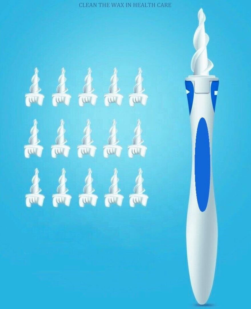 Ear Wax Removal Tool Kit with Spiral Twist Tip – Ear Wax Extraction Kit with Soft Stick Ear Cleaner Cleaning Aid, 16 Replacement Picker Heads – Auger Drill Extractor Earwax Remover Twister Wand