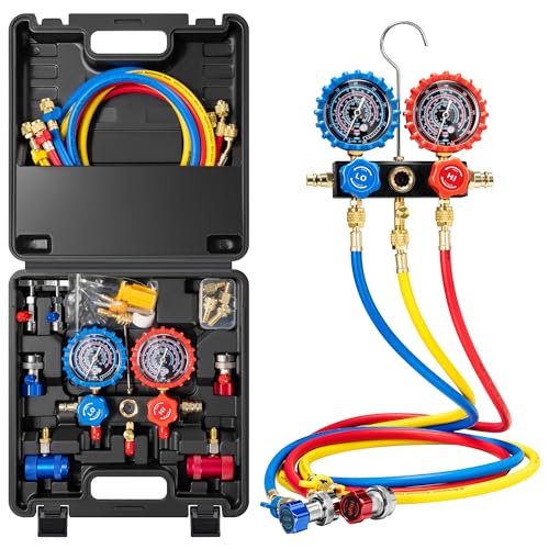 VIVOHOME HVAC Manifold Gauge Set for R134a R1234yf R454B R410a R32 Refrigerant Automotive Residential AC Gauges with 5ft Hoses R134a R1234yf Quick Couplers Can Taps for Car Freon Charging Evacuation