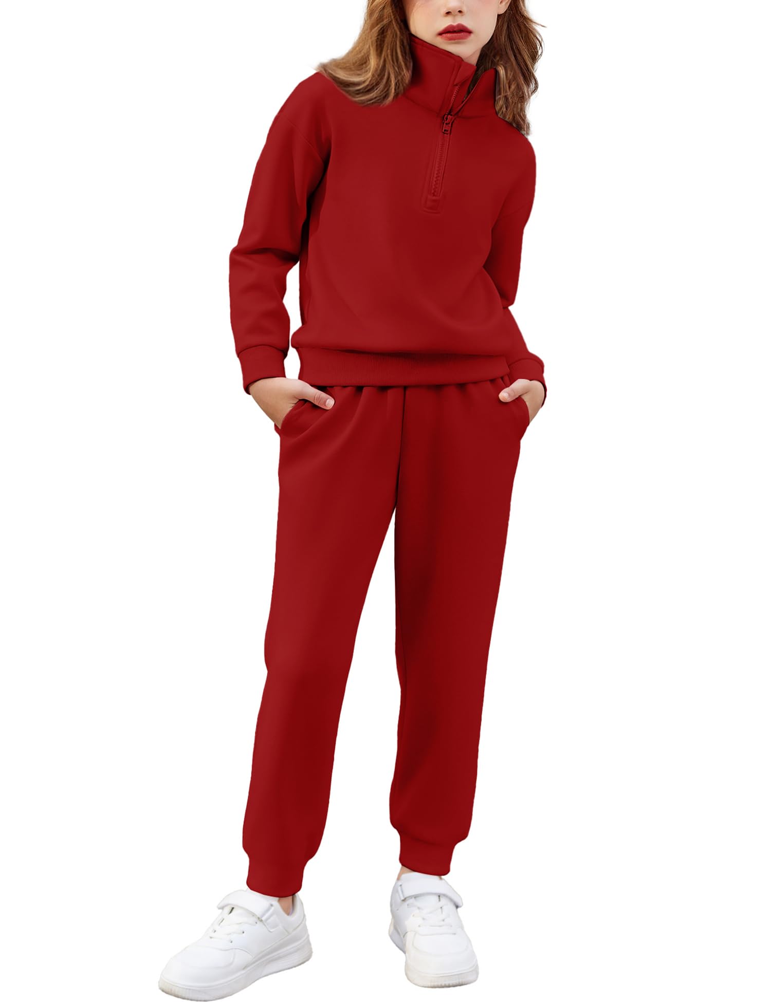 Arshiner Girls Clothes 2 Piece Long Sleeve Half Zip Sweatshirt Sweatpants Lounge Set Sweatsuits Wine Red 7-8Y