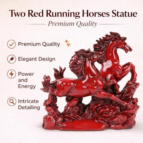 Image of Red Running Horses Statue | Vastu Remedy for Name, Fame & Wealth Stability | Resin Twin Horses for South Zone Energy Activation & Career Growth (Small Horse)