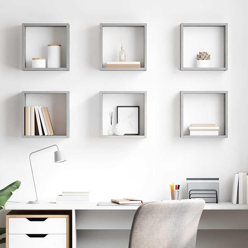 Set di 6 scaffali a cubo, in legno grigio cemento, 30 x 15 x 30 cm, mensole sospese, per soggiorno, camera da letto, cucina, per riporre e decorare, con spazio