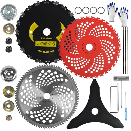 9x36 Teeth Carbide Tipped Blades & 9x20T Carbon Steel Round Chainsaw Tooth Brush Blades & 10x80T Carbide Tip Brush Blades & 10x3T Cutter Weed Eater Blades with Adapter Kit for Trimmer Weed Eater