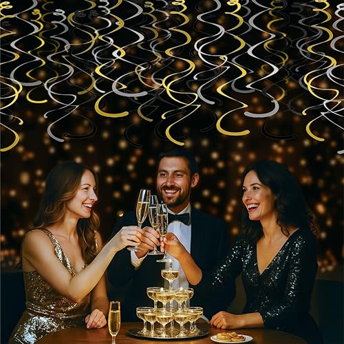 Image of HonuGoGo 48-Piece Paper Swirl Party Decorations for Ceiling, Black Gold Silver Satin-Look Single & Double Hanging Spirals, for Graduation, Birthday, Wedding, New Year, Bachelorette, Corporate Events