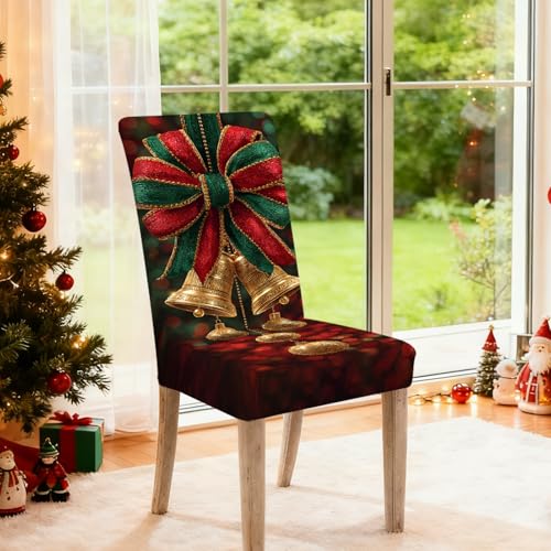Image of Nuxovilar 4PCS Gold Bell Bow Stretch Chair Covers 23.6x70in | Holiday Slipcover Festive Protector Gold Bell Wrap Seat Guard Dining Room Formal Banquet Event (Golden Bow)