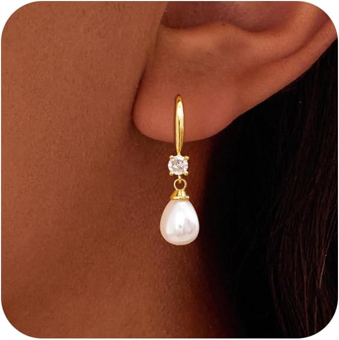 Pearl Earrings for Women, 14k Drop Earrings Gold Earrings for Women Trendy Dainty CZ Long Pearl Dangle Earrings Cute Prom Wedding Earring Dangling Bridal Jewelry Gifts