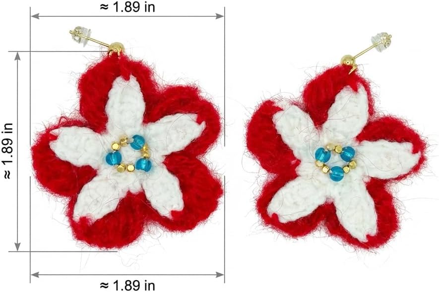Handmade Crochet Flower Earrings for Women | Red & White Lightweight Boho Dangle Jewelry | Hypoallergenic 18K-Gold-Plated Sterling Silver Hooks | Unique Handmade Gift | Holiday & Everyday Statement Accessory - Image 4