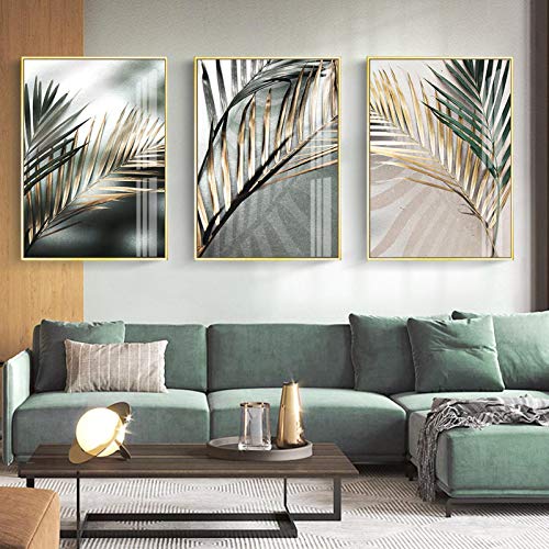 Toile de palmier vert et doré contemporaine 60x90cm triptyque chic pour salon