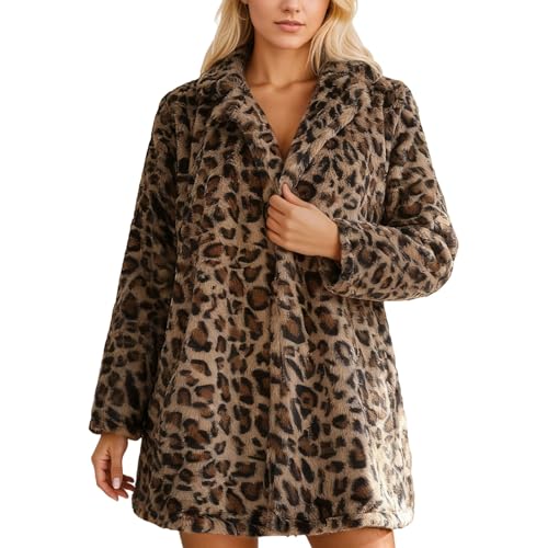 Duohropke Abrigo de piel sintética para mujer con estampado de leopardo Chaqueta de invierno con capucha de pelo sintético Manga larga Chaqueta de transición de invierno de gran tamaño Abrigo de piel