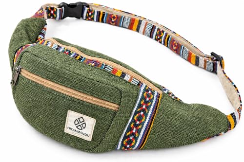 Freakmandu Unisex Hanf Gürteltasche – Fanny Packs, Hüftgürteltasche zum Umhängen, Boho Hippie Stil, Handgefertigte Hüfttaschen für Wandern, Laufen, Joggen, Männer und Frauen, Safari