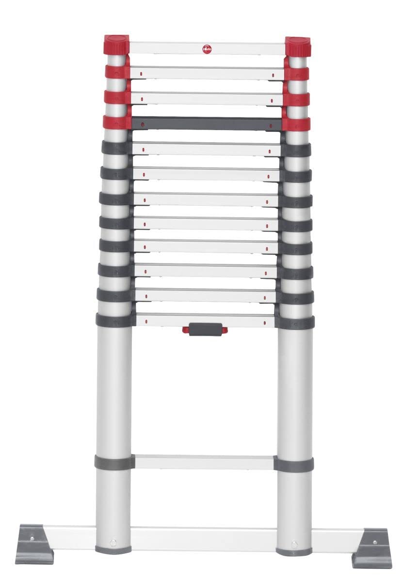 Hailo Teleskopleiter FlexLine, 1x13 Sprossen bis 150 kg, rostfreie Alu Leiter bis 3,80 m Leiterhöhe einstellbar, Silber, platzsparend zu Verstauen, Aktuelles Modell T80