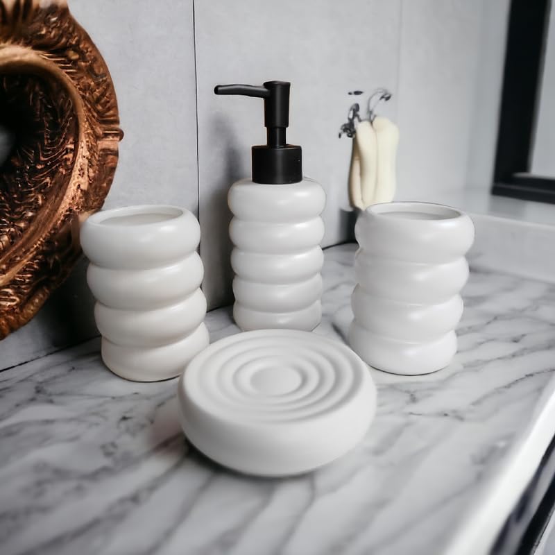 Whizzo® Premium Bathroom Accessories Set Ceramic - Including 4 Piece Multi Design Bathroom Accessories Set Soap Dispenser, Toothbrush Holder, Tumbler, Soap Dish, The Best Gifting Choice [White]