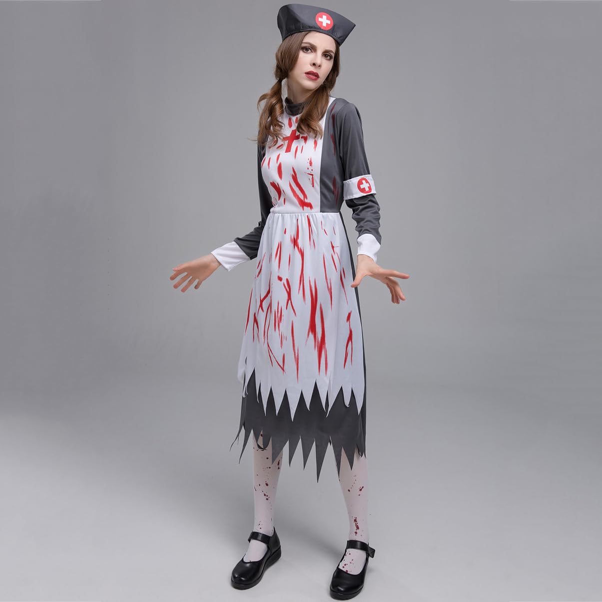 Disfraz De Enfermera con Estampado De Terror De Halloween, Accesorios De Cosplay De Zombi para Adultos
