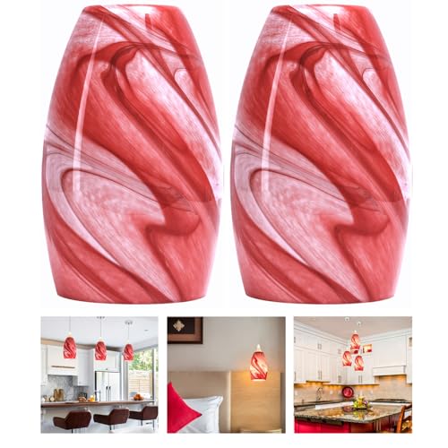 Image of GO&SO Red-White Swirl Glass Lamp Shade Set of 2,7.8 inch H x 4 inch D,Oval | 1.57 inch Fitter E26 Base,Hand-Blown Art Fixtures,Chandelier Shades for Kitchen Island,Hanging Light Shades