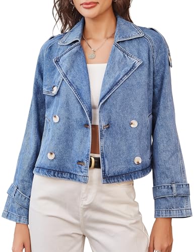 Denim Jacket for Women Cropped Trench Coat Double Breasted Lightweight Jean Jackets Casual Outerwear 2025 Trendy - Main Image