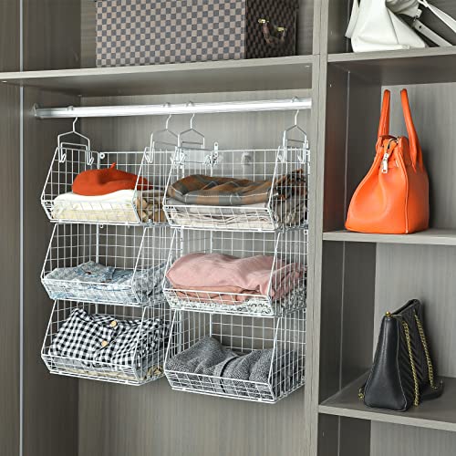 X-Cosrack 6 Tier Closet Hanging Organizer, Clothes Hanging Shelves With 4 Hanging Hooks 5 S Hooks, Wire Storage Basket Bins, For Clothing Sweaters Shoes Handbags Clutches Accessories Patent Design #TOP3