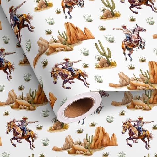 Altarho Cowboy Wrapping Paper Roll - Watercolor Western Desert Cowboy Pattern Gift Wrap for Baby Shower Fathers Day Wedding Party - Total 28.5sq.ft