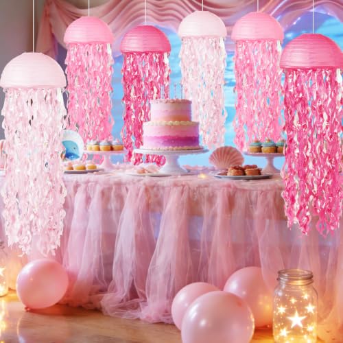 Image of Jellyfish Paper Lanterns 6 Pacs Under The Sea Party Decorations Mermaid Party Baby Shower Decorations Blue Hanging Jelly Fish for Ocean Spongebob Birthday Party Decorations (Pink)