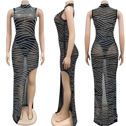 Image of PORRCEY Women's Sexy Elegant Rhinestone Sleeveless Party Club Night Hot Drilling Clubwear Evening Dresses