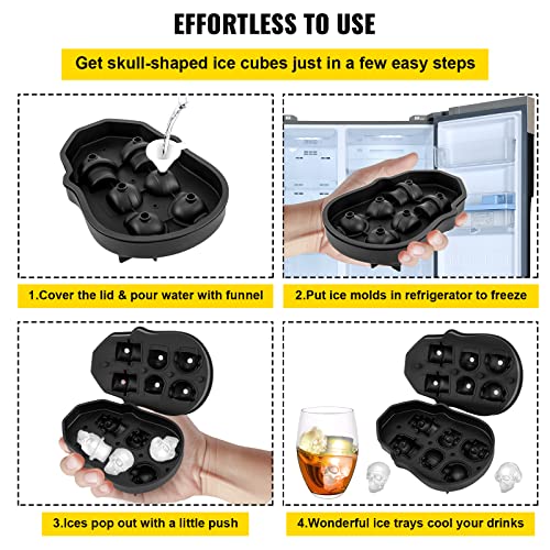 Vevor Skull Ice Cube Tray, 6-Grid Skull Ice Ball Maker, Flexible Black Silicone Ice Tray With Lid & Funnel, Skull Ice Cubes In 3 Distinct Patterns For Beverages & Chocolates On Parties & Holidays #TOP5